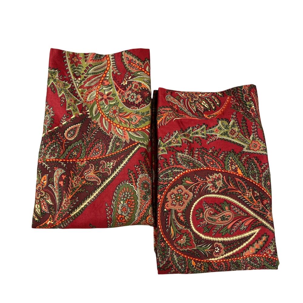 POTTERY BARN Sienna Standard Pillow Shams Red Green Paisley Cotton Pair 2010